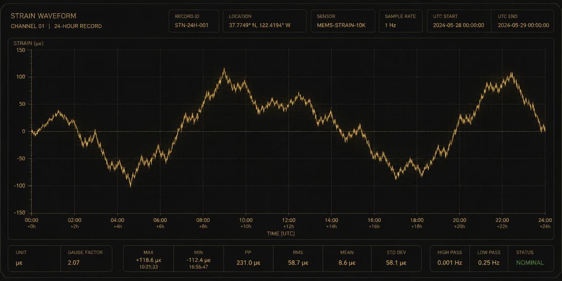 24-hour strain waveform rendered in fine gold strokes on a charcoal telemetry panel